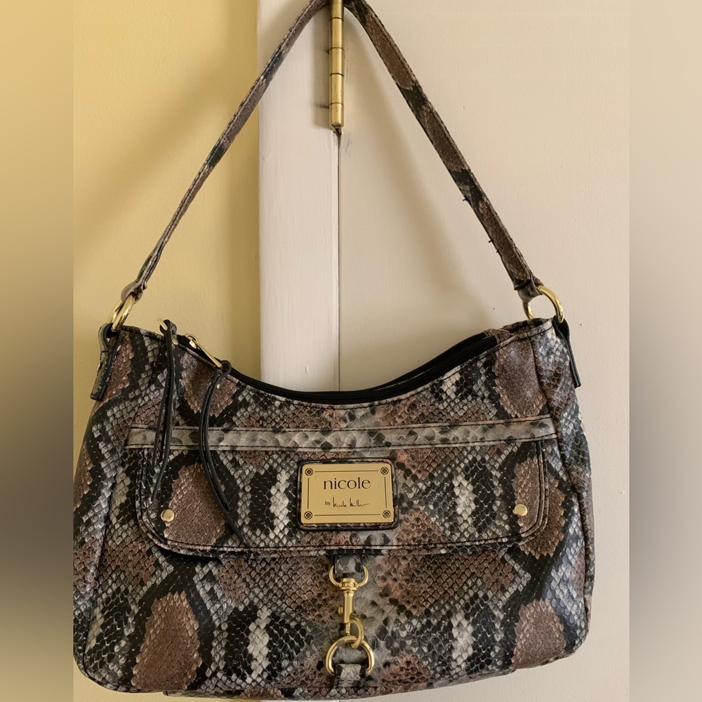 Nicole by Nicole Miller Python Print Leather Double Zip Shoulder Bag SUPER EUC